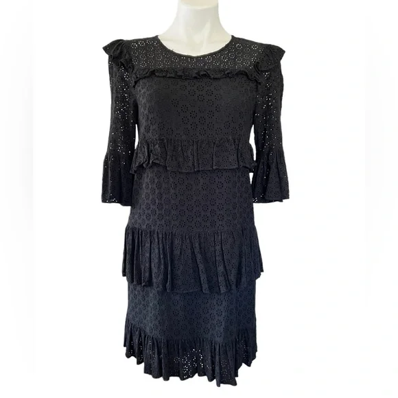 MADEWELL | Black Eyelet Waterlily Ruffle Round Neck
Tiered Mini Dress Size 6 - Picture 6 of 13